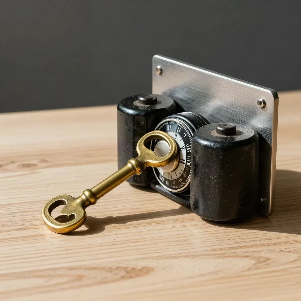 Brass vault key, combination dial, and ledger weights on pale oak in dramatic studio light.
