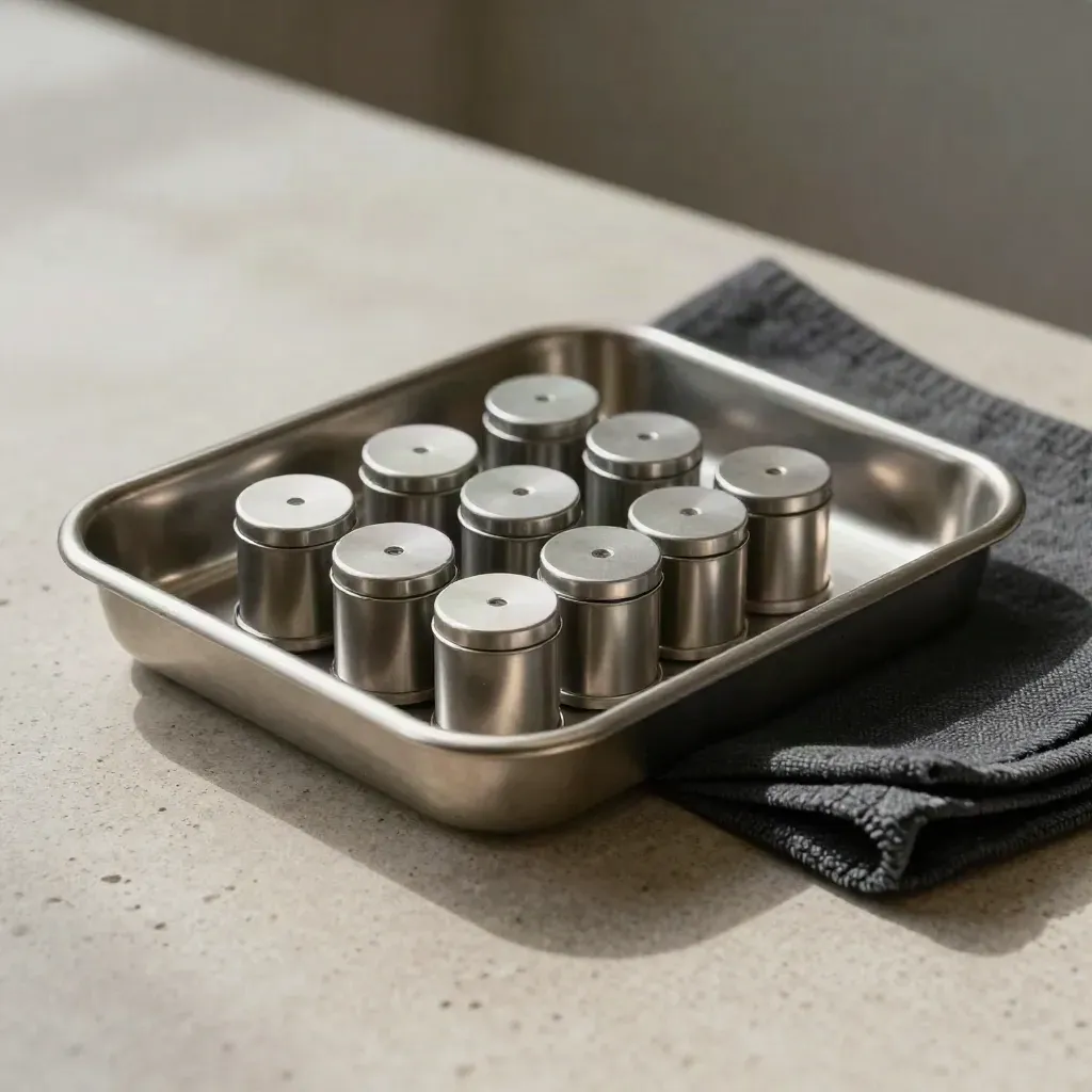 Stainless specimen tray, vial sleeves and lab cloth on brushed stone