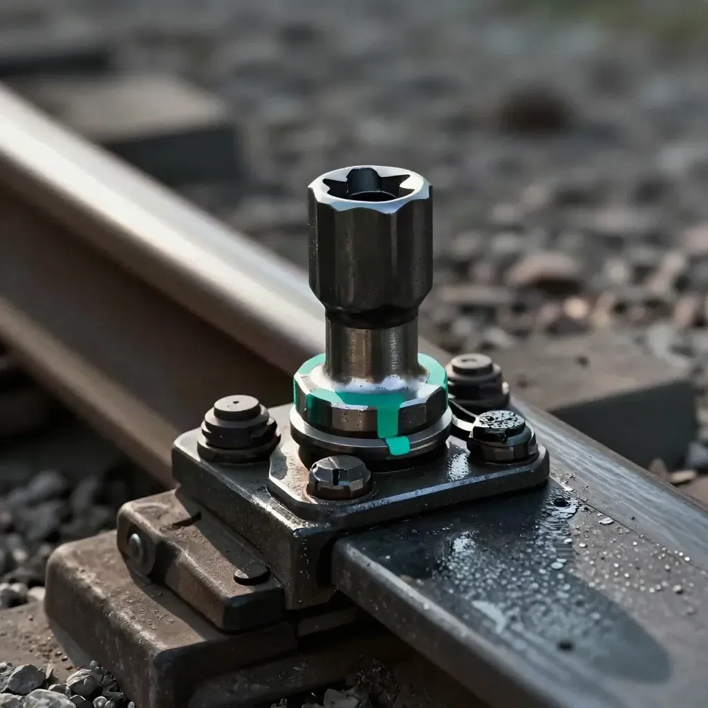 Rail fastening clip, sleeper plate and torque socket on black steel with teal accent.