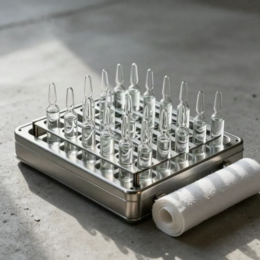 Top-down still life of ampoules, instrument case and gauze on cool concrete.