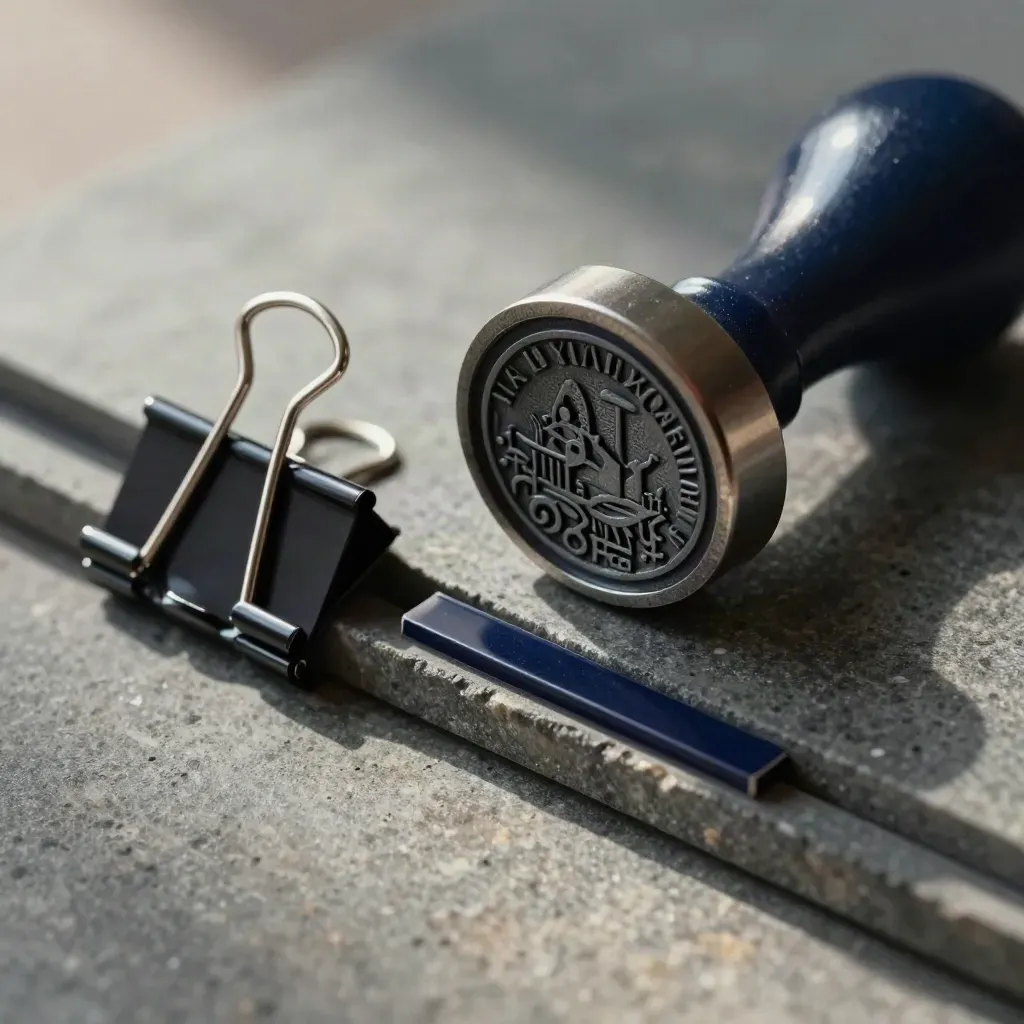 Embossed seal stamp, archive drawer guide, and steel binder clips on honed stone.