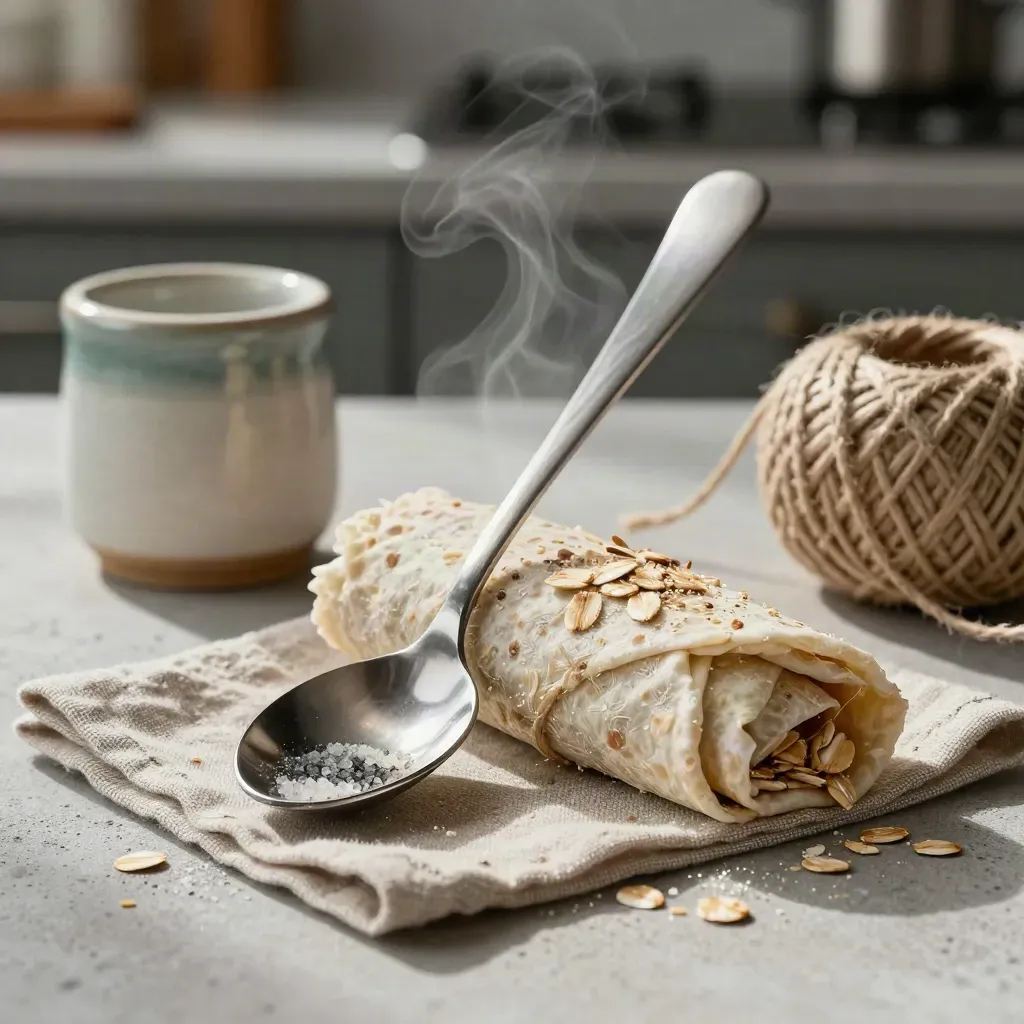 Macro still life of spoon, linen wrap, salt cellar and twine on pale concrete with steam.