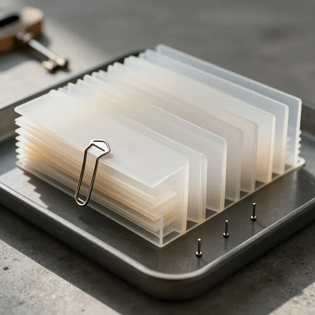 Frosted file dividers, steel clip, and alignment pins on a graphite audit tray