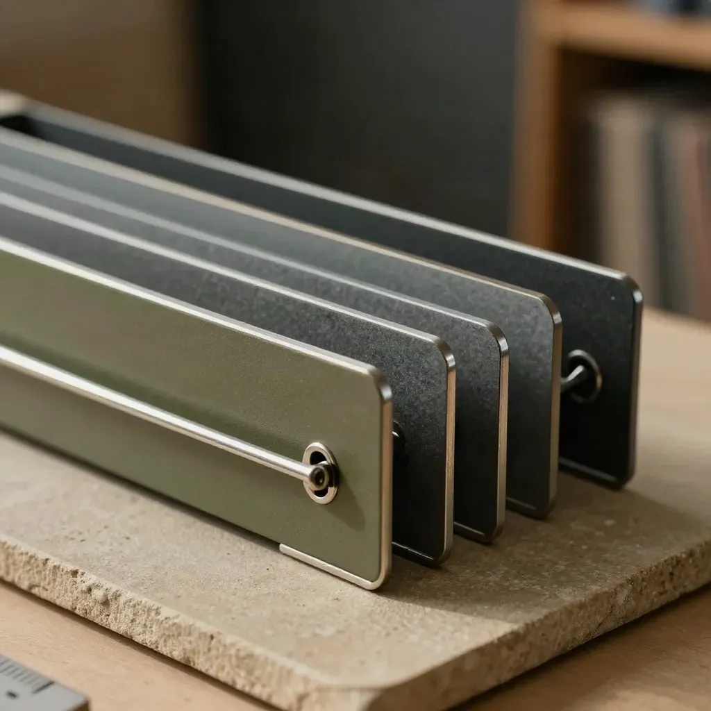 An archive rail with anodised separators and a steel ring in dramatic studio light.