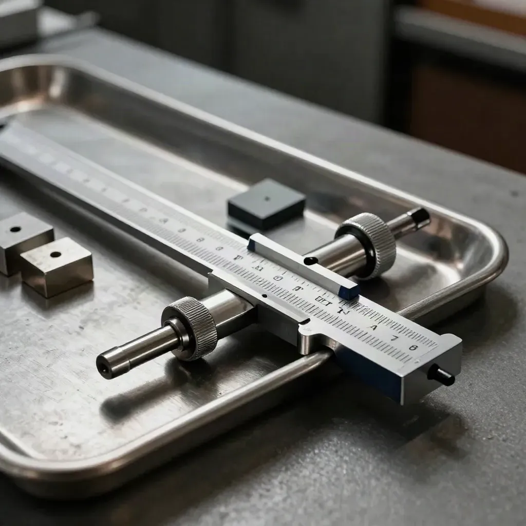 Precision inspection gauges on a brushed-steel tray in a clinical macro still life.