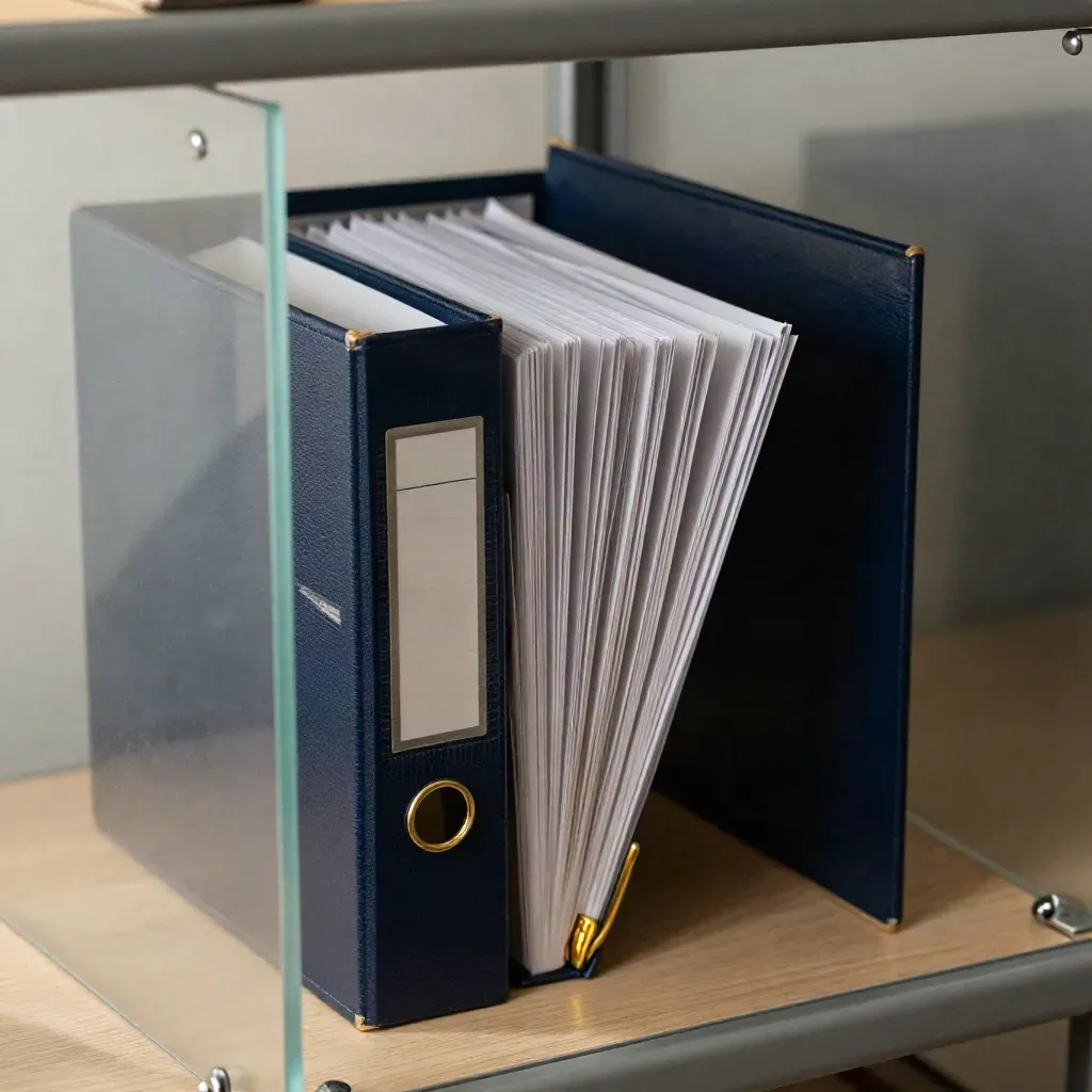 Deep-navy audit binder opens behind frosted glass, brass clamp and dividers in sharp macro detail.