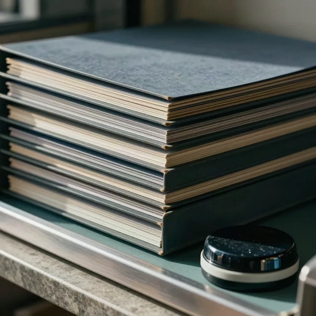 Stacked file trays, carbon sheets and a stamp pad on a service desk, shot low through the tray edge.