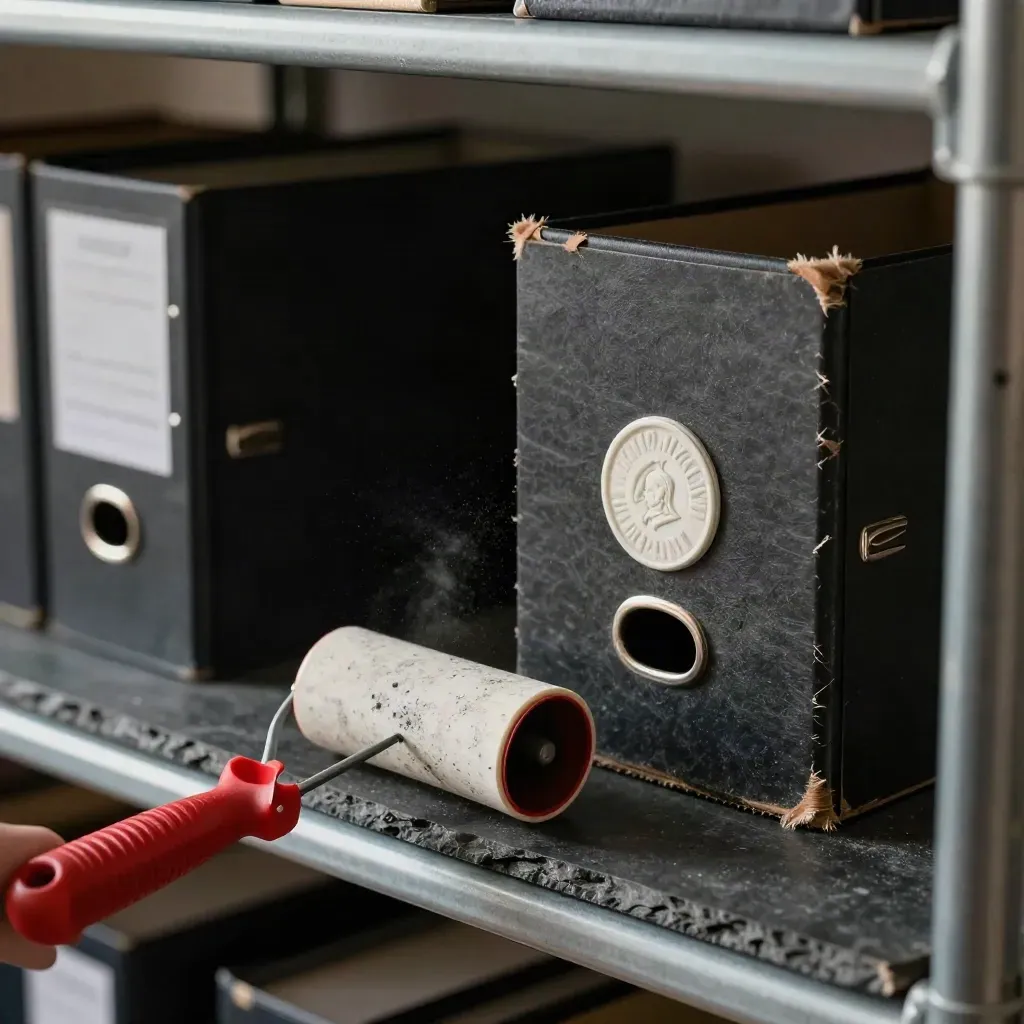 Redaction roller, council file box, and embossed seal disks on a slate shelf through steel framing.