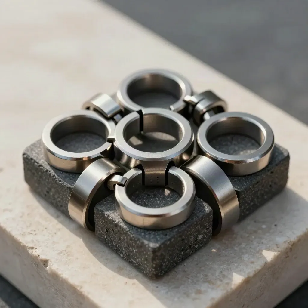 Machined rings and couplers linked around a graphite block on pale stone, top-down macro still life.