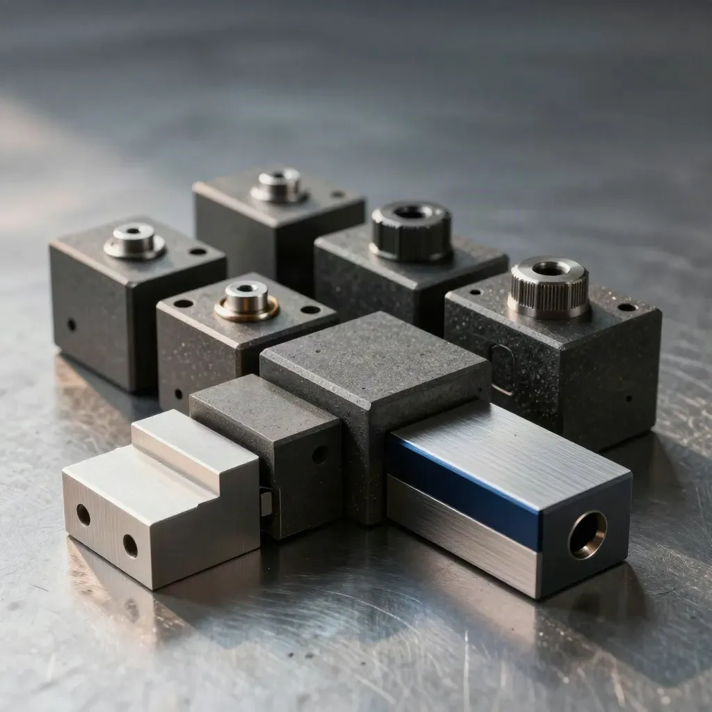 Modular metal blocks and connectors bridging on brushed steel in dramatic light.