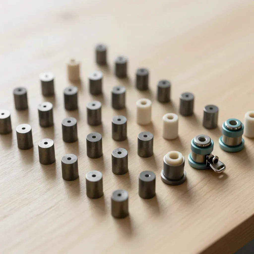Top-down photo of precision inserts, ceramic spacers, and a teal connector on pale wood.