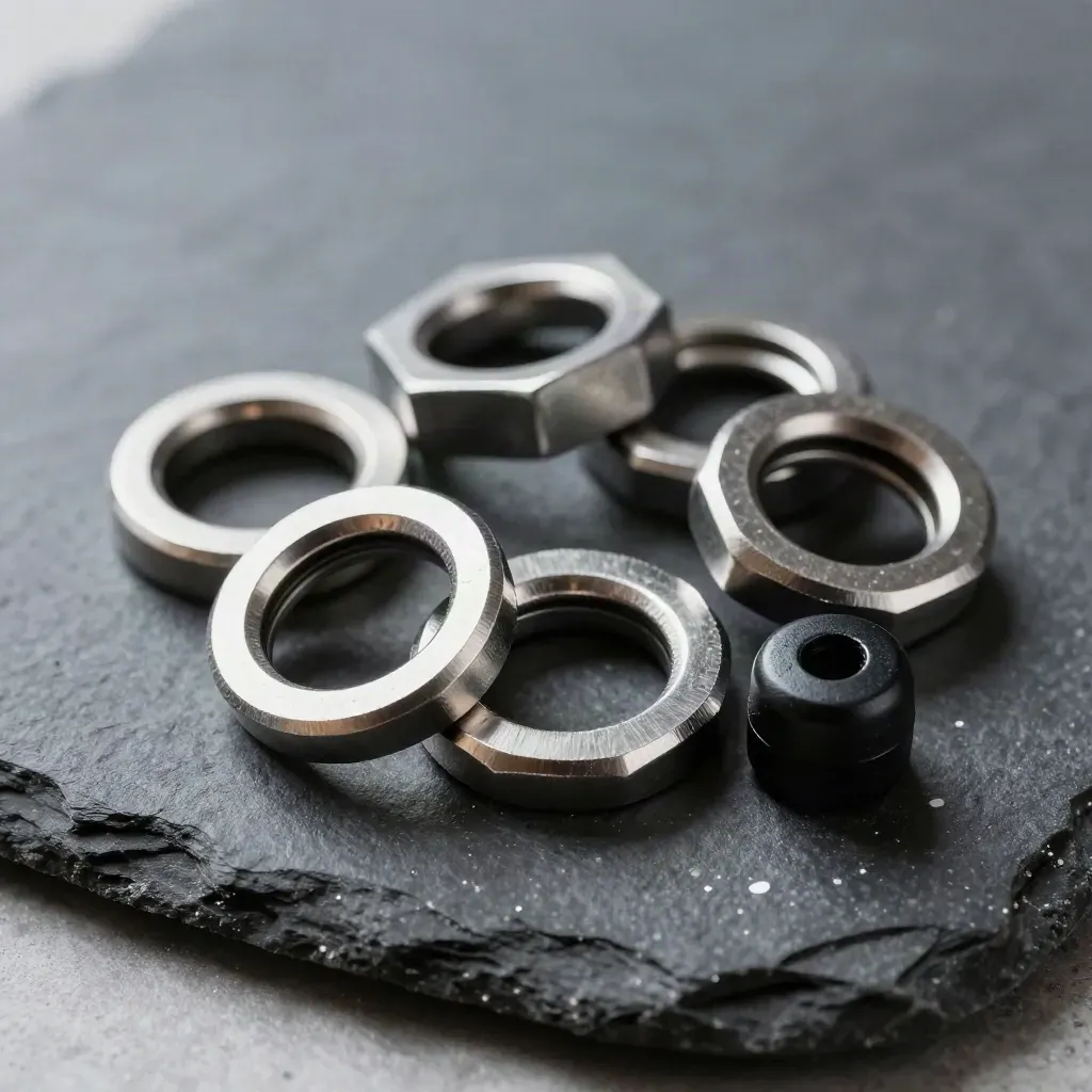 Linked steel rings and a hex coupler on dark slate, editorial macro still life