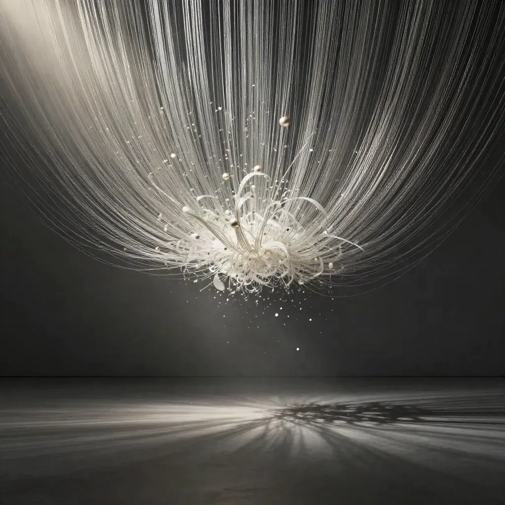 Silver filaments converge into a soft white bloom in a dark graphite void.
